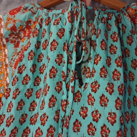 Boho Floral Mixed Print Tunic Top Orange & Teal Short Sleeve Festival Style - Picture 5 of 9